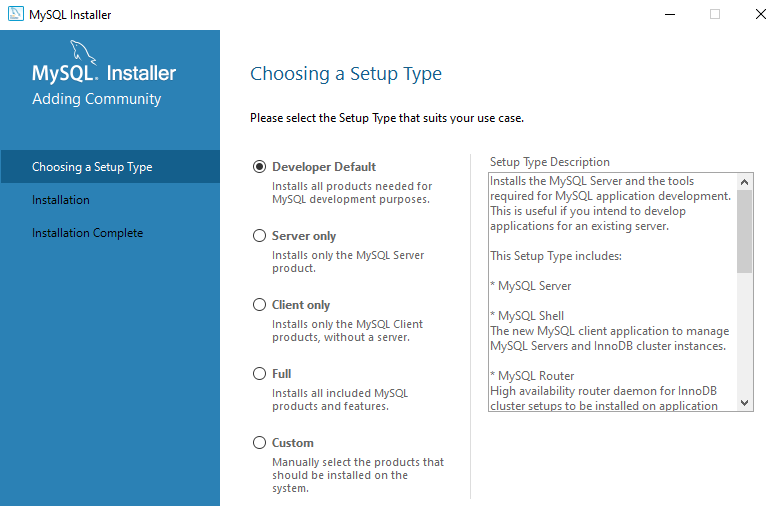 MySQL Install - Choose a Setup Type