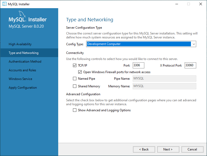 Install MySQL - Type and Networking