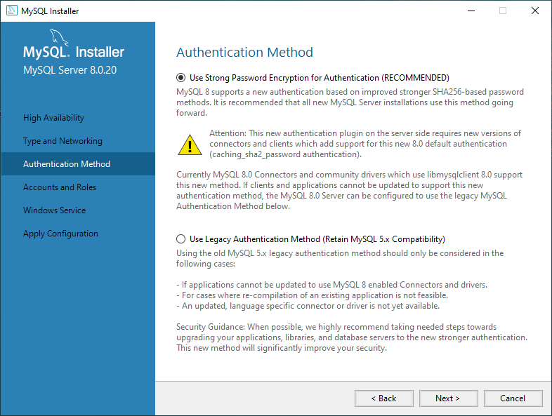 Install MySQL - Authentication Method